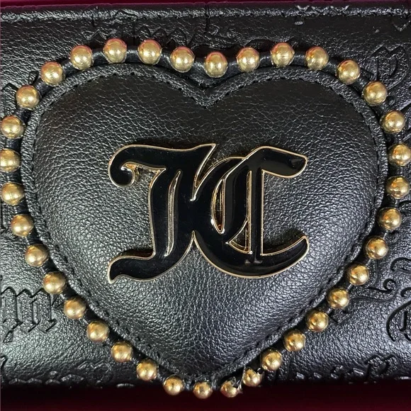 Juicy Couture Black Faux Leather Gold Bifold Beaded Heart Wallet Zipper NEW NWT - Picture 3 of 14